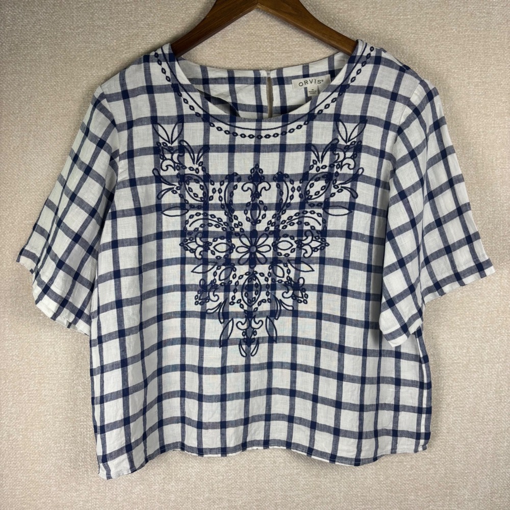 Orvis Womens Navy Blue White Linen Embroidered Plaid Short Sleeve Top Size M